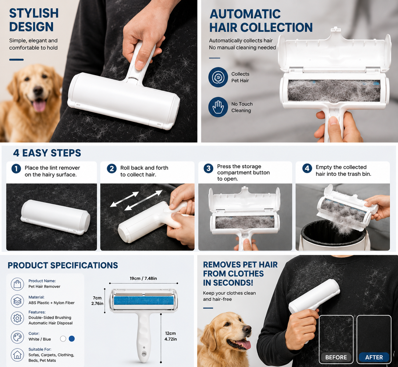 Self-Cleaning Pet Hair Remover Roller | Lint & Fur Cleaner for Sofa, Carpet, Clothes & Car Seats