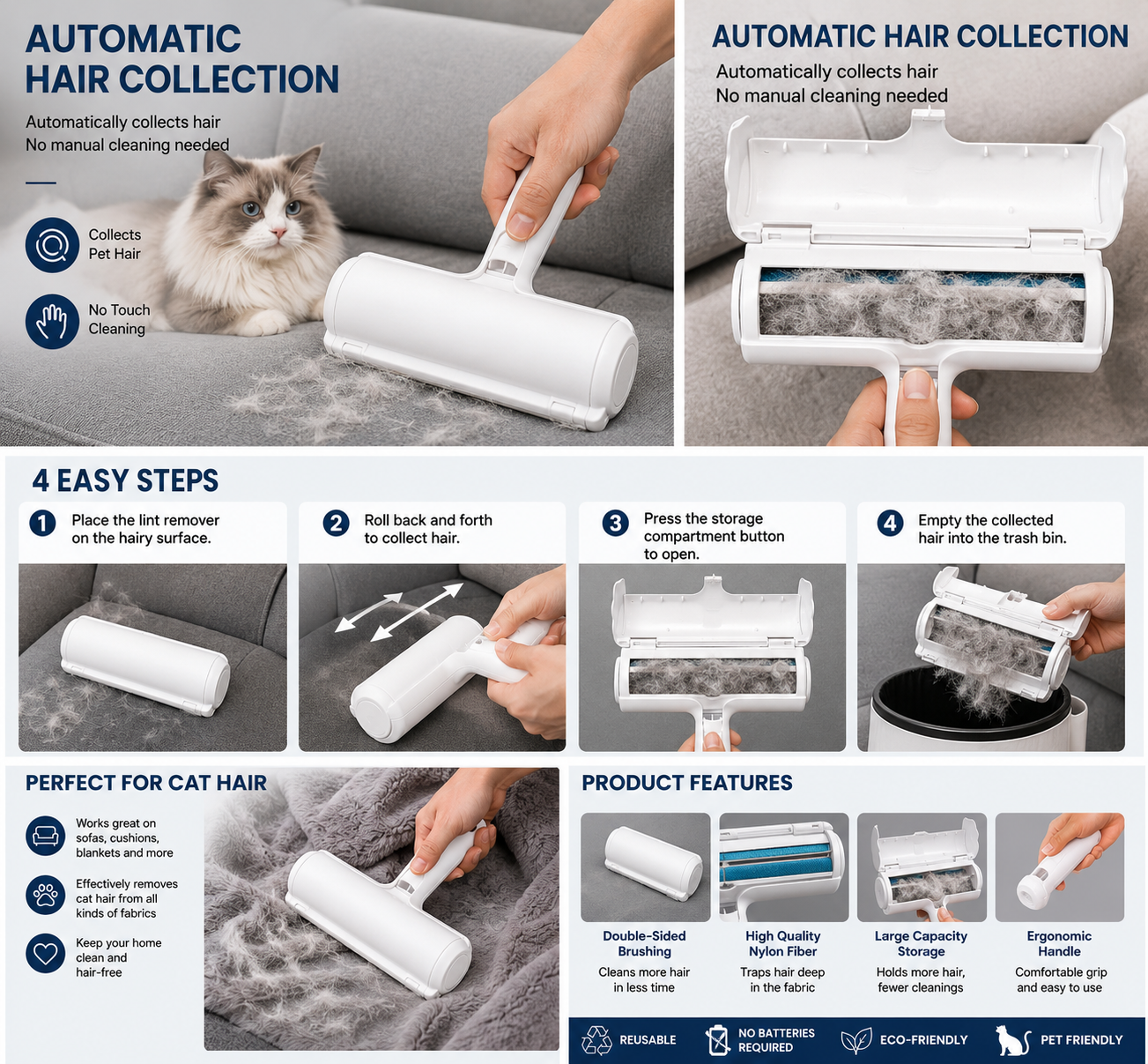 Self-Cleaning Pet Hair Remover Roller | Lint & Fur Cleaner for Sofa, Carpet, Clothes & Car Seats